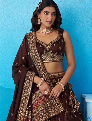 Brown- Chinnon Silk Sequinned Thread & Zari Embroidered Semi-Stitched Lehenga & Unstitched Blouse With Dupatta 2