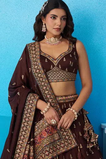 Brown- Chinnon Silk Sequinned Thread & Zari Embroidered Semi-Stitched Lehenga & Unstitched Blouse With Dupatta
