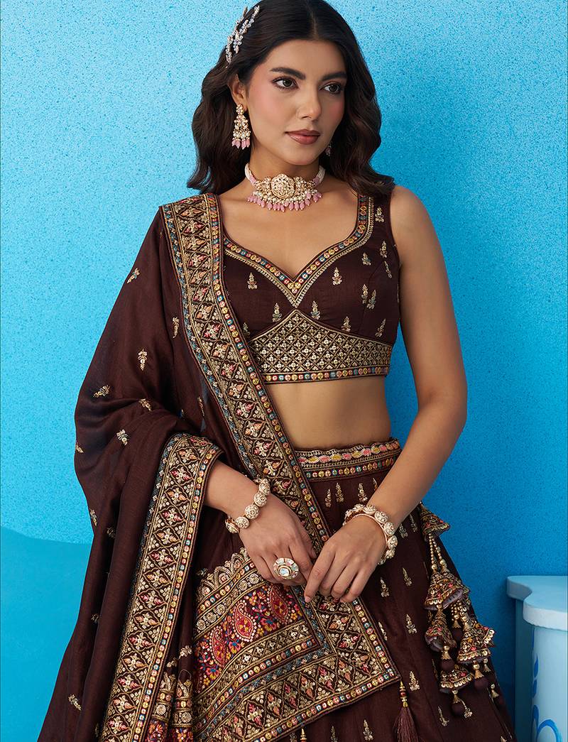 Brown- Chinnon Silk Sequinned Thread & Zari Embroidered Semi-Stitched Lehenga & Unstitched Blouse With Dupatta