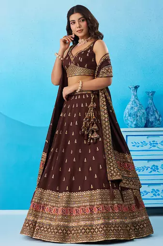 Brown- Chinnon Silk Sequinned Thread & Zari Embroidered Semi-Stitched Lehenga & Unstitched Blouse With Dupatta