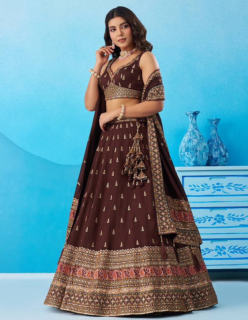 Brown- Chinnon Silk Sequinned Thread & Zari Embroidered Semi-Stitched Lehenga & Unstitched Blouse With Dupatta