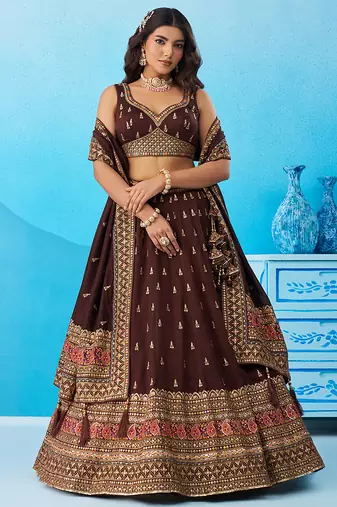 Brown- Chinnon Silk Sequinned Thread & Zari Embroidered Semi-Stitched Lehenga & Unstitched Blouse With Dupatta