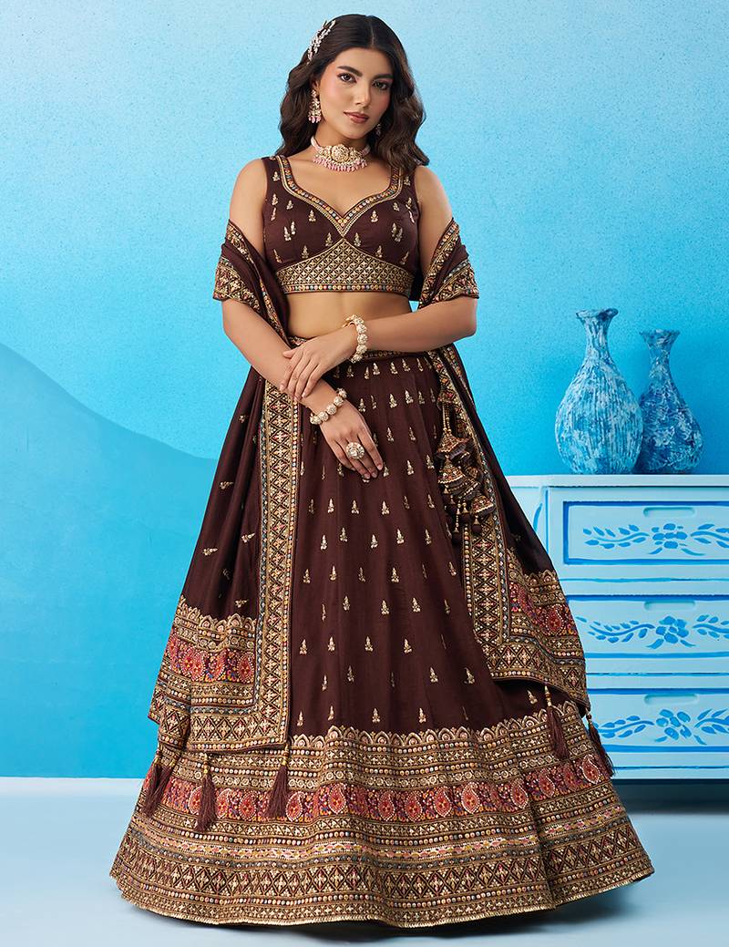 Brown- Chinnon Silk Sequinned Thread & Zari Embroidered Semi-Stitched Lehenga & Unstitched Blouse With Dupatta