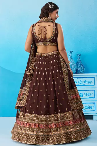 Brown- Chinnon Silk Sequinned Thread & Zari Embroidered Semi-Stitched Lehenga & Unstitched Blouse With Dupatta