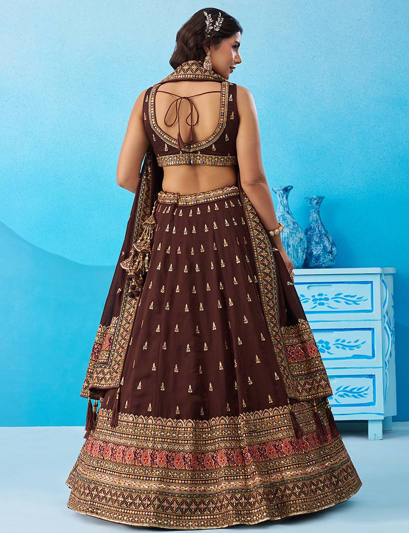 Brown- Chinnon Silk Sequinned Thread & Zari Embroidered Semi-Stitched Lehenga & Unstitched Blouse With Dupatta