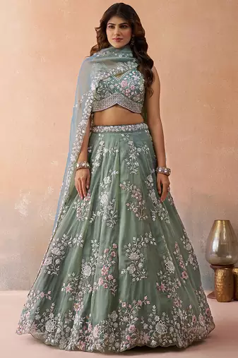 Green- Tissue Beads & Sequins Embroidered Semi-Stitched Lehenga & Unstitched Blouse With Dupatta