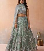 Green- Tissue Beads & Sequins Embroidered Semi-Stitched Lehenga & Unstitched Blouse With Dupatta