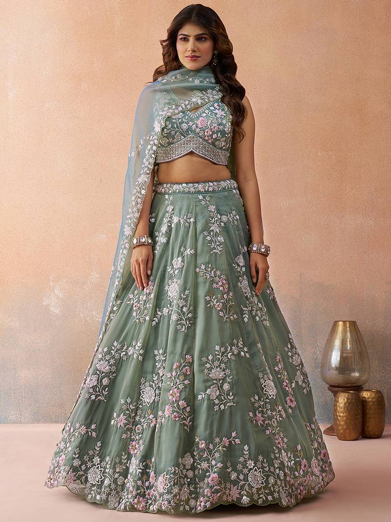 Green- Tissue Beads & Sequins Embroidered Semi-Stitched Lehenga & Unstitched Blouse With Dupatta