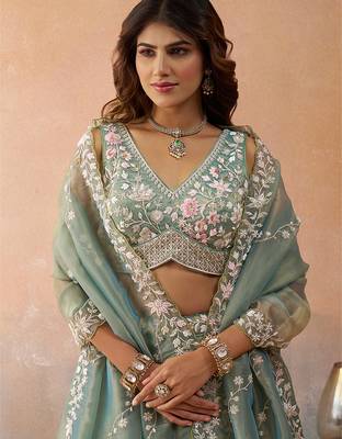 Green- Tissue Beads & Sequins Embroidered Semi-Stitched Lehenga  & Unstitched Blouse With Dupatta 3