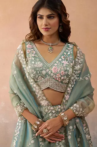 Green- Tissue Beads & Sequins Embroidered Semi-Stitched Lehenga & Unstitched Blouse With Dupatta
