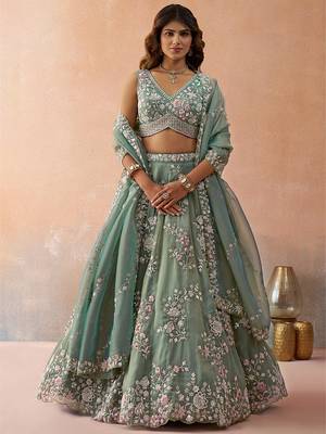 Green- Tissue Beads & Sequins Embroidered Semi-Stitched Lehenga  & Unstitched Blouse With Dupatta 1