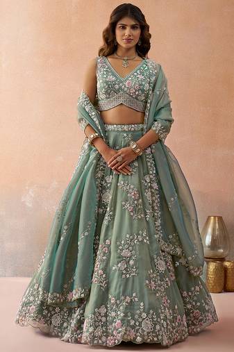 Green- Tissue Beads & Sequins Embroidered Semi-Stitched Lehenga & Unstitched Blouse With Dupatta