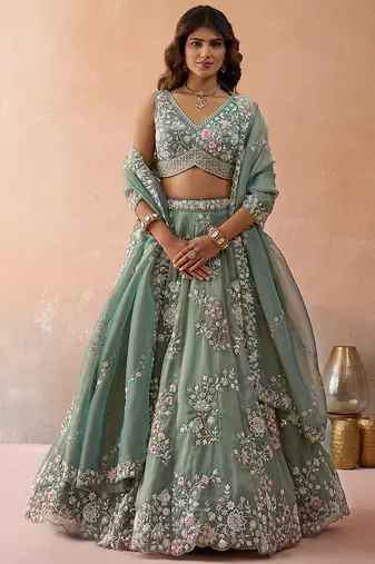 Green- Tissue Beads & Sequins Embroidered Semi-Stitched Lehenga & Unstitched Blouse With Dupatta
