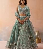 Green- Tissue Beads & Sequins Embroidered Semi-Stitched Lehenga & Unstitched Blouse With Dupatta