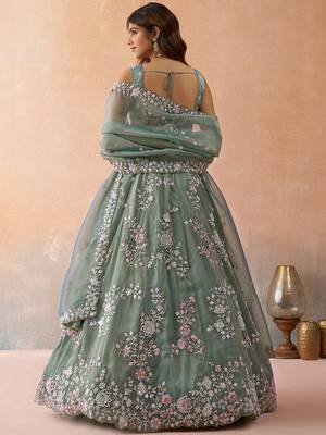 Green- Tissue Beads & Sequins Embroidered Semi-Stitched Lehenga  & Unstitched Blouse With Dupatta 4