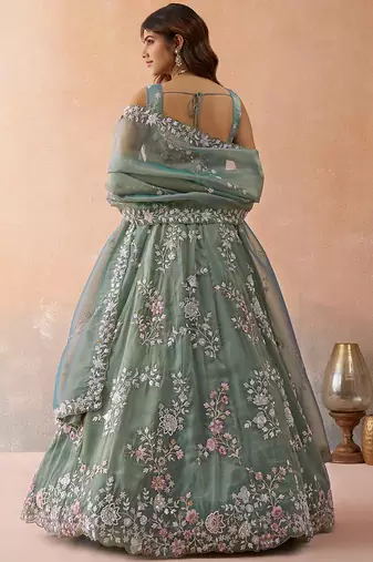 Green- Tissue Beads & Sequins Embroidered Semi-Stitched Lehenga & Unstitched Blouse With Dupatta