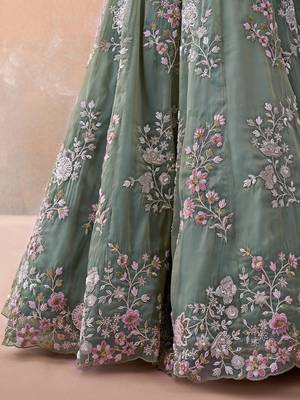 Green- Tissue Beads & Sequins Embroidered Semi-Stitched Lehenga  & Unstitched Blouse With Dupatta 5