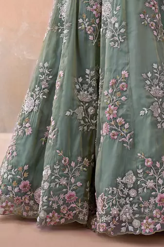 Green- Tissue Beads & Sequins Embroidered Semi-Stitched Lehenga & Unstitched Blouse With Dupatta