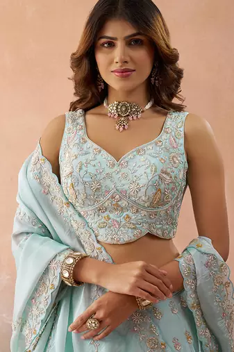 Sky- Tissue Beads & Sequins Embroidered Semi-Stitched Lehenga & Unstitched Blouse With Dupatta