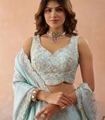 Sky- Tissue Beads & Sequins Embroidered Semi-Stitched Lehenga & Unstitched Blouse With Dupatta