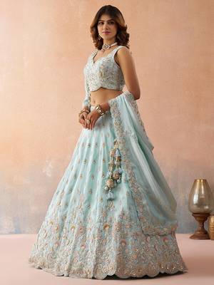 Sky- Tissue Beads & Sequins Embroidered Semi-Stitched Lehenga & Unstitched Blouse With Dupatta 3