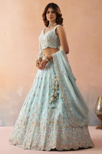 Sky- Tissue Beads & Sequins Embroidered Semi-Stitched Lehenga & Unstitched Blouse With Dupatta