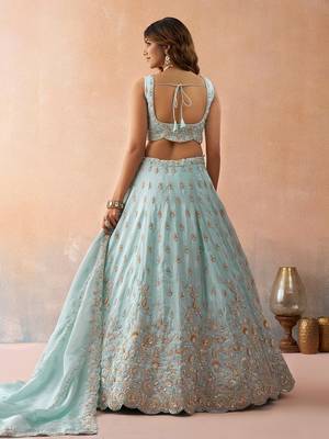 Sky- Tissue Beads & Sequins Embroidered Semi-Stitched Lehenga & Unstitched Blouse With Dupatta 4