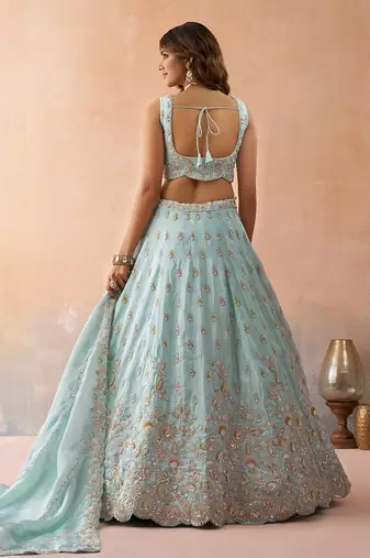 Sky- Tissue Beads & Sequins Embroidered Semi-Stitched Lehenga & Unstitched Blouse With Dupatta