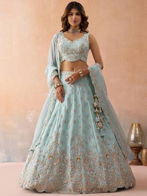 Sky- Tissue Beads & Sequins Embroidered Semi-Stitched Lehenga & Unstitched Blouse With Dupatta 1