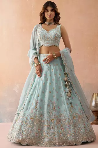 Sky- Tissue Beads & Sequins Embroidered Semi-Stitched Lehenga & Unstitched Blouse With Dupatta