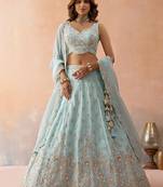 Sky- Tissue Beads & Sequins Embroidered Semi-Stitched Lehenga & Unstitched Blouse With Dupatta