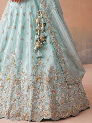 Sky- Tissue Beads & Sequins Embroidered Semi-Stitched Lehenga & Unstitched Blouse With Dupatta 5