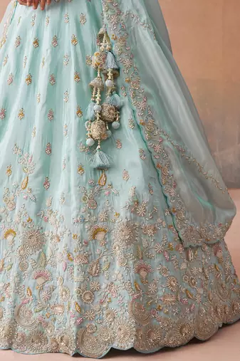 Sky- Tissue Beads & Sequins Embroidered Semi-Stitched Lehenga & Unstitched Blouse With Dupatta