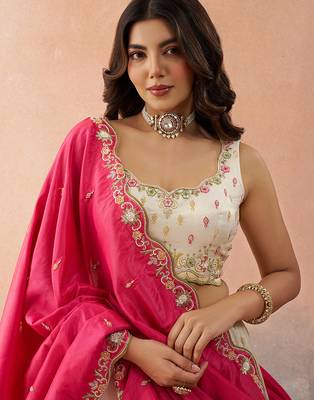 Cream- Cosmos Silk Beads & Sequins Embroidered Semi-Stitched Lehenga & Unstitched Blouse With Dupatta 2