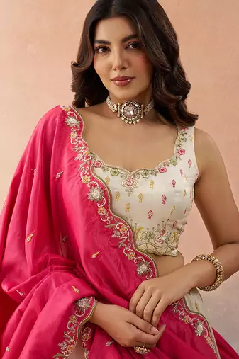 Cream- Cosmos Silk Beads & Sequins Embroidered Semi-Stitched Lehenga & Unstitched Blouse With Dupatta