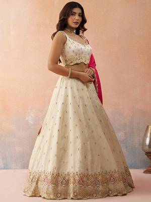 Cream- Cosmos Silk Beads & Sequins Embroidered Semi-Stitched Lehenga & Unstitched Blouse With Dupatta 3