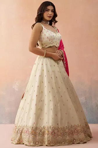 Cream- Cosmos Silk Beads & Sequins Embroidered Semi-Stitched Lehenga & Unstitched Blouse With Dupatta