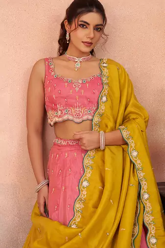 Pink- Cosmos Silk Beads & Sequins Embroidered Semi-Stitched Lehenga & Unstitched Blouse With Dupatta