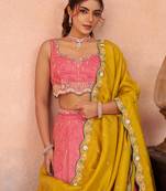 Pink- Cosmos Silk Beads & Sequins Embroidered Semi-Stitched Lehenga & Unstitched Blouse With Dupatta