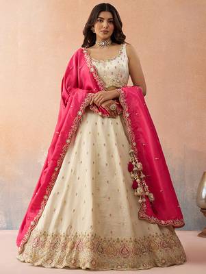 Cream- Cosmos Silk Beads & Sequins Embroidered Semi-Stitched Lehenga & Unstitched Blouse With Dupatta 1