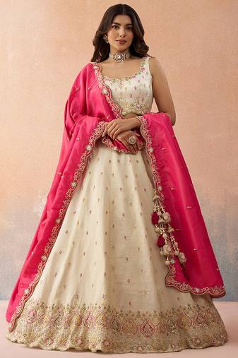 Cream- Cosmos Silk Beads & Sequins Embroidered Semi-Stitched Lehenga & Unstitched Blouse With Dupatta