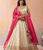 Cream- Cosmos Silk Beads & Sequins Embroidered Semi-Stitched Lehenga & Unstitched Blouse With Dupatta