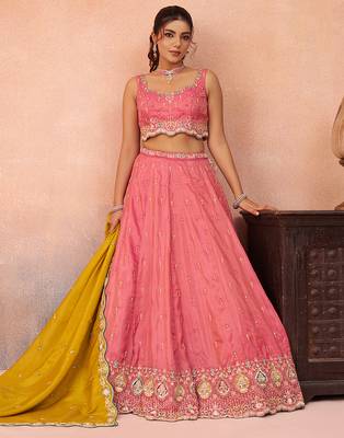 Pink- Cosmos Silk Beads & Sequins Embroidered Semi-Stitched Lehenga & Unstitched Blouse With Dupatta 1