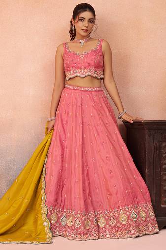 Pink- Cosmos Silk Beads & Sequins Embroidered Semi-Stitched Lehenga & Unstitched Blouse With Dupatta