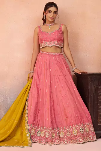 Pink- Cosmos Silk Beads & Sequins Embroidered Semi-Stitched Lehenga & Unstitched Blouse With Dupatta