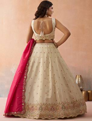 Cream- Cosmos Silk Beads & Sequins Embroidered Semi-Stitched Lehenga & Unstitched Blouse With Dupatta 4