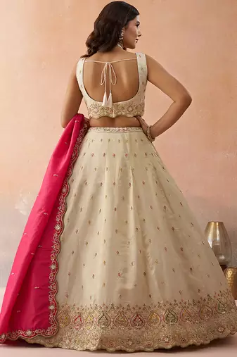 Cream- Cosmos Silk Beads & Sequins Embroidered Semi-Stitched Lehenga & Unstitched Blouse With Dupatta