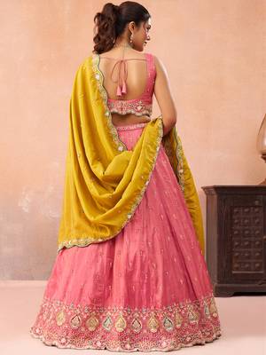 Pink- Cosmos Silk Beads & Sequins Embroidered Semi-Stitched Lehenga & Unstitched Blouse With Dupatta 3