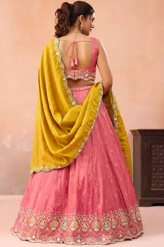 Pink- Cosmos Silk Beads & Sequins Embroidered Semi-Stitched Lehenga & Unstitched Blouse With Dupatta