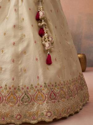 Cream- Cosmos Silk Beads & Sequins Embroidered Semi-Stitched Lehenga & Unstitched Blouse With Dupatta 5